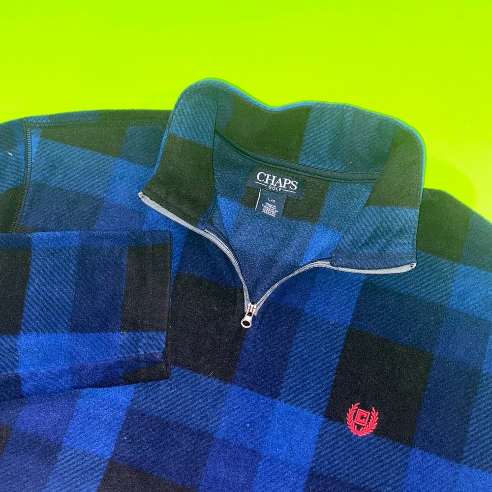 Chaps Golf Mens Large Blue Black‎ Buffalo Plaid Fleece Quarter Zip Pullover L